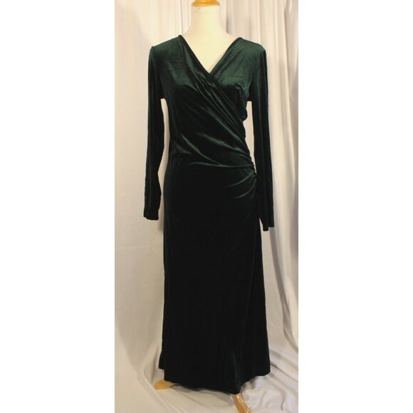 ZABERRY Women Green VNeck Long sleeve Ruched Velvet Cocktail Evening Dress Large - Picture 2 of 5